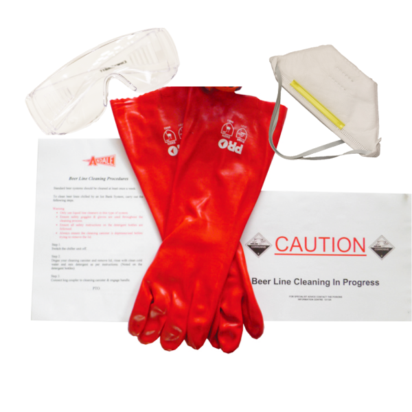 Andale Micro Matic Safety kit contains safety gloves, eye protective glasses and face mask and caution cleaning signs